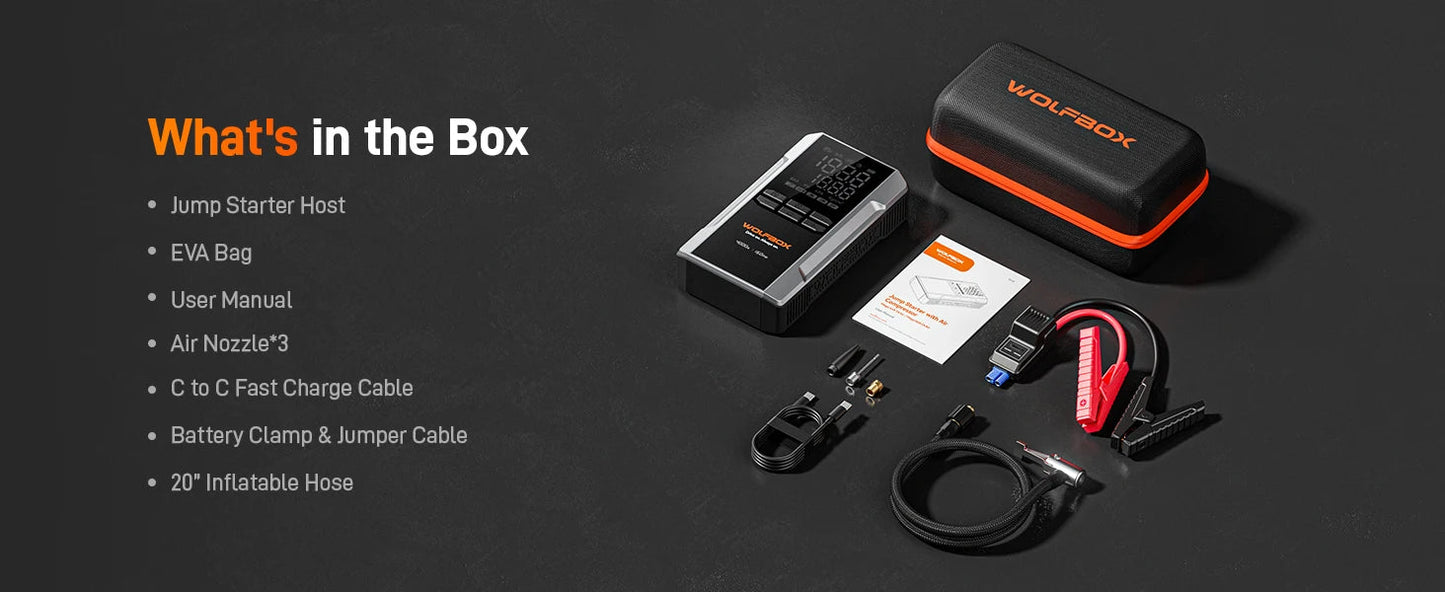 WOLFBOX 4000A Jump Starter with 160PSI Air Compressor, 12V Car Battery Booster, 65W Fast Charge, 24000mAh Portable Tire Inflator sayaragear