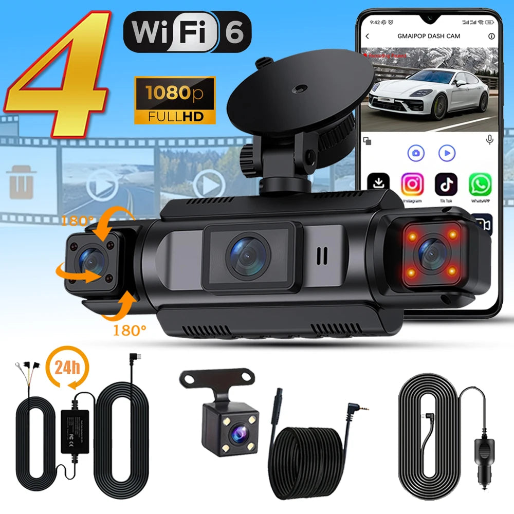 Car Dash Cam 4 Channel Black Box WiFi Driving Camera FHD 1080P Front Left Right Rear Night Vision Loop Recording add Hardwirekit sayaragear