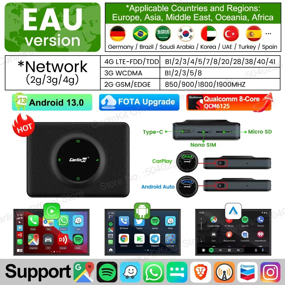 Android 13 CarlinKit Android Auto Wireless CarPlay AI TV Box QCM6125 8-Core Split Screen 64G 128G For Netflix YouTube Play Store sayaragear