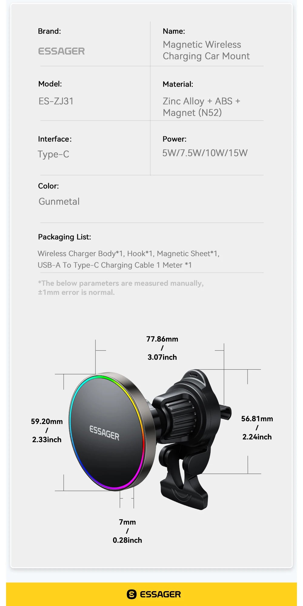Essager 15W Magnetic Car Phone Holder Wireless Charger Stand For iPhone 16 15 14 13 Pro Max Charging for Magsafe Car Charger RGB sayaragear