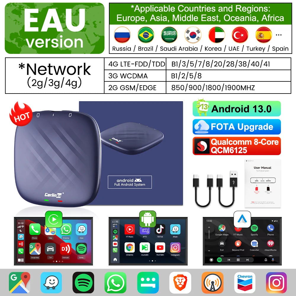 2025 CarlinKit CarPlay AI Box Android 13.0 SM6225 QCM6125 Android Auto Wireless CarPlay Adapter 2.4+5GGPS 64G 128G FOTA Upgrade sayaragear