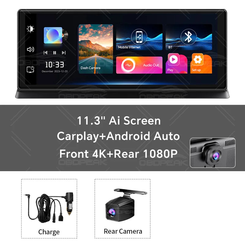 K2 Pro 11.3" Car DVR 4K Camera Wireless Carplay Android auto Ai Screen Dash Cam Dual Len Video Recorder GPS Navigation Dashboard sayaragear