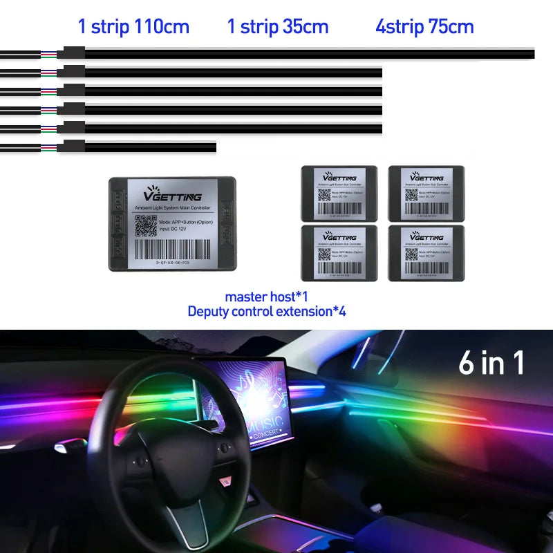 Full Color Streamer Car Ambient Lights RGB 64 Color Universal LED Interior Hidden Acrylic Strip Symphony Atmosphere Lamp sayaragear