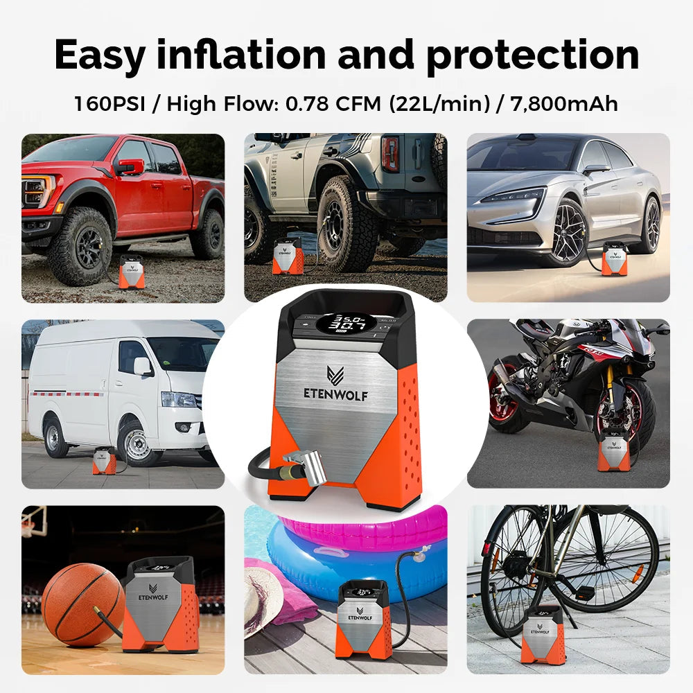 ETENWOLF ZEPHYR S3 Portable Tire Inflator 100% Duty Cycle 160 PSI Car Air Compressor 7800mAh For Cars Motorcycles Balls (New) sayaragear