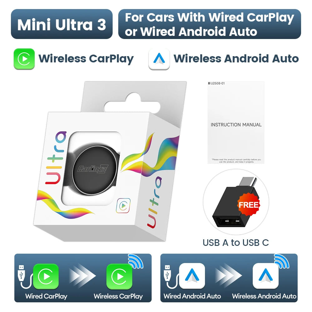 2026 CarlinKit 5.0 Mini Ultra 3 2-In-1 CarPlay Android Auto Wireless Adapter For Wired CarPlay Android Auto Cars Online Upgrade sayaragear