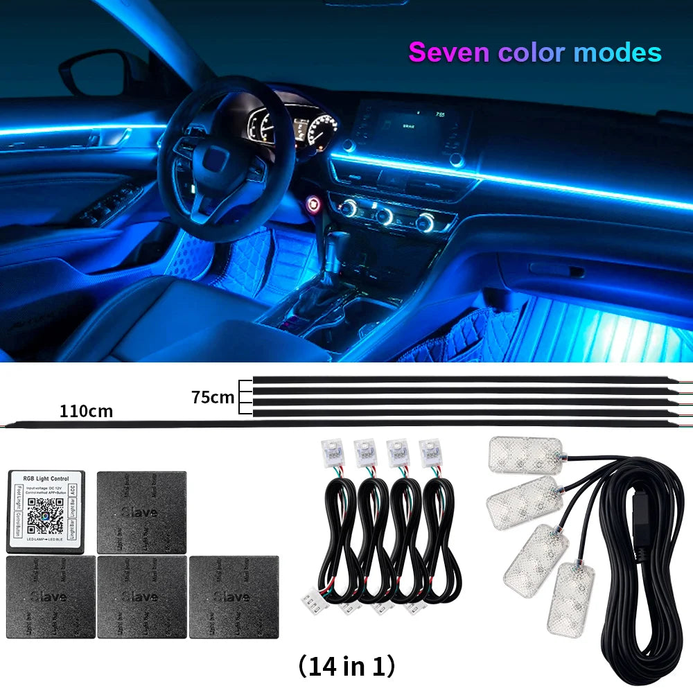 18 in 1 Dual Zone Symphony Streamer Car Ambient Light Interior LED Full Color RGB Neon Acrylic Strip Atmosphere Lighting Kit App sayaragear