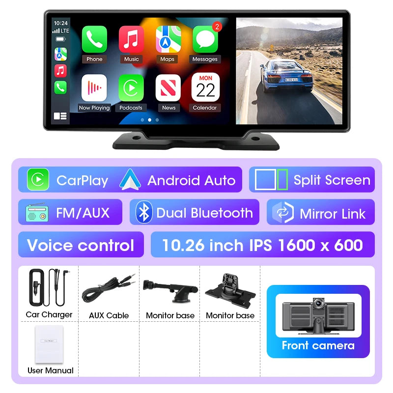 10/11.26 inch Dash Cam 4K Car DVR Wireless Carplay & Android Auto GPS Navigation Video Recorder Dashboard Dual Lens Wifi FM AUX sayaragear