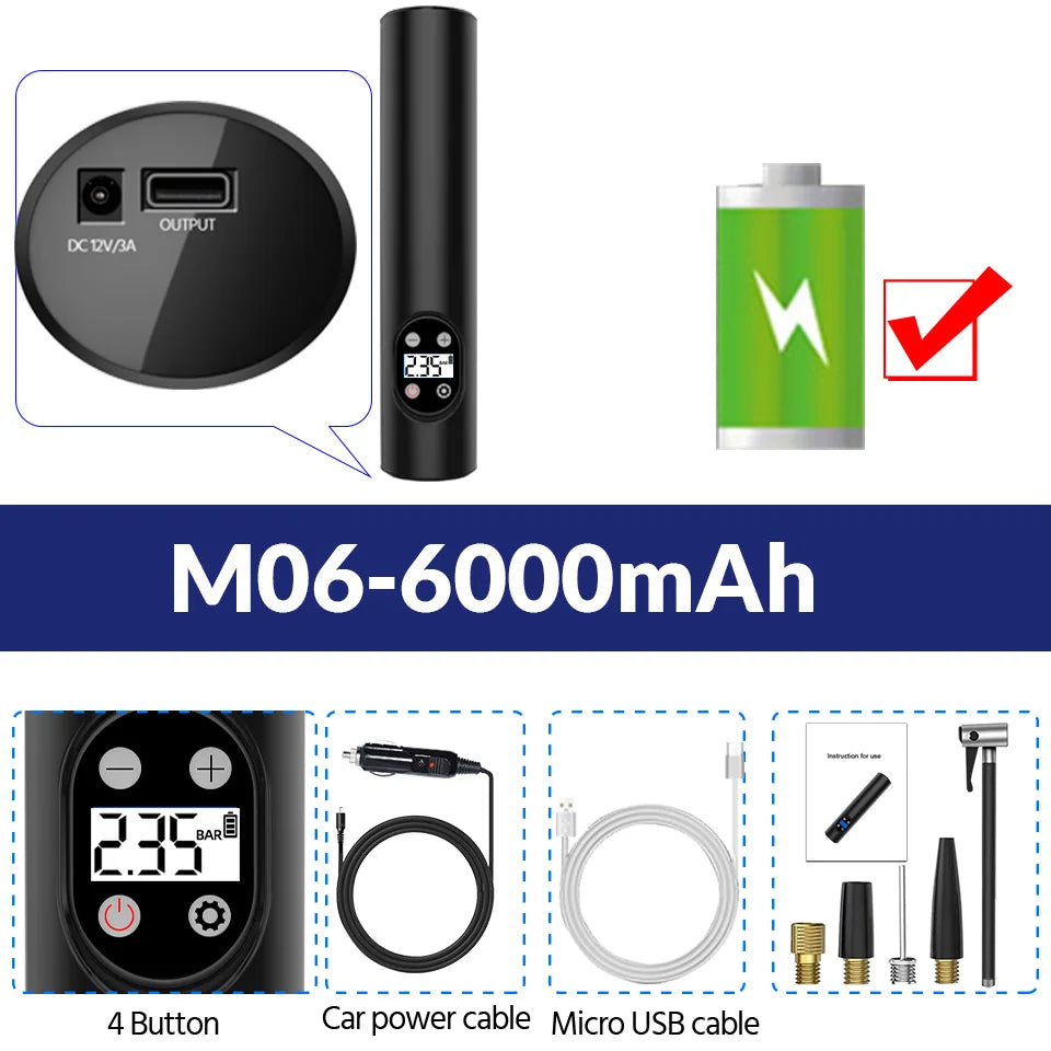 E-ACE Wireless/Wired Portable Tire Inflator Suitable For Quickly Inflating 6000mAh Batteries In Bicycles, Motorcycles, And Cars sayaragear