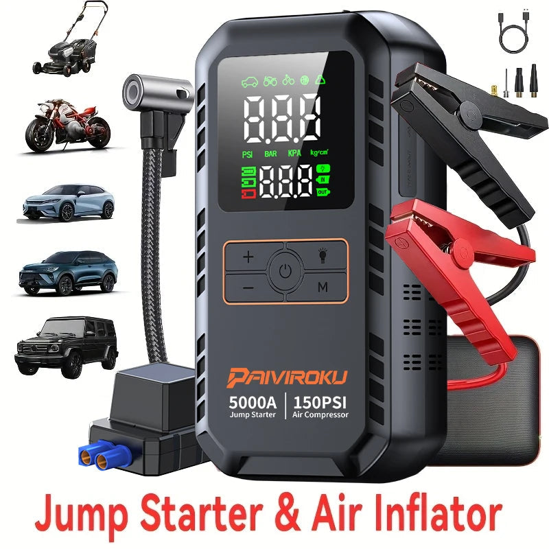 4-IN-1 Car Jump Starter with Air Compressor Peak 5000A Auto Battery Booster 150PSI Air Pump Portable Power Bank Tire Inflator sayaragear