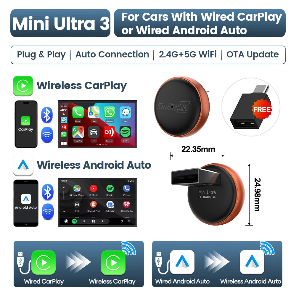 Mini Ultra 3 CarlinKit 5.0 Wireless Adapter Wireless CarPlay Android Auto For OEM Car Plug & Play WiFi Bluetooth Auto Connection sayaragear