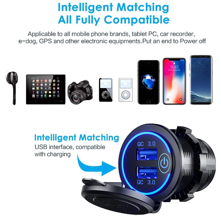 36W QC 3.0 Touch Switch Waterproof Universal Motorcycle Car Truck Boat Dual USB Charger Socket For Phone Tablet Camera GPS DVR eprolo