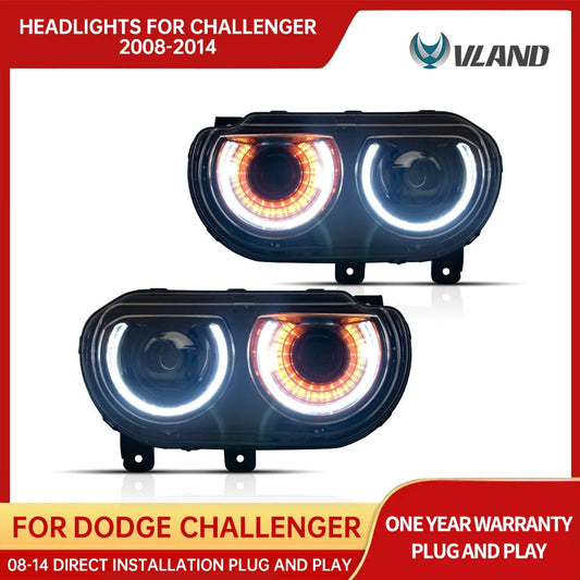 VLAND Car Headlights Assembly For Dodge Challenger 2008-2014 Head Light Moving Turn Signal Light DRL Dual Beam Lens Colourful sayaragear
