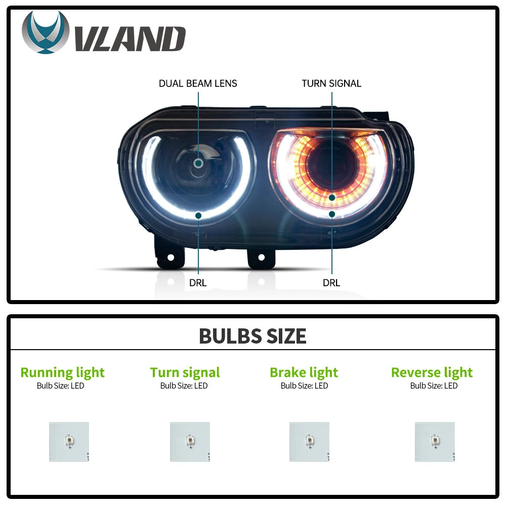 VLAND Car Headlights Assembly For Dodge Challenger 2008-2014 Head Light Moving Turn Signal Light DRL Dual Beam Lens Colourful sayaragear