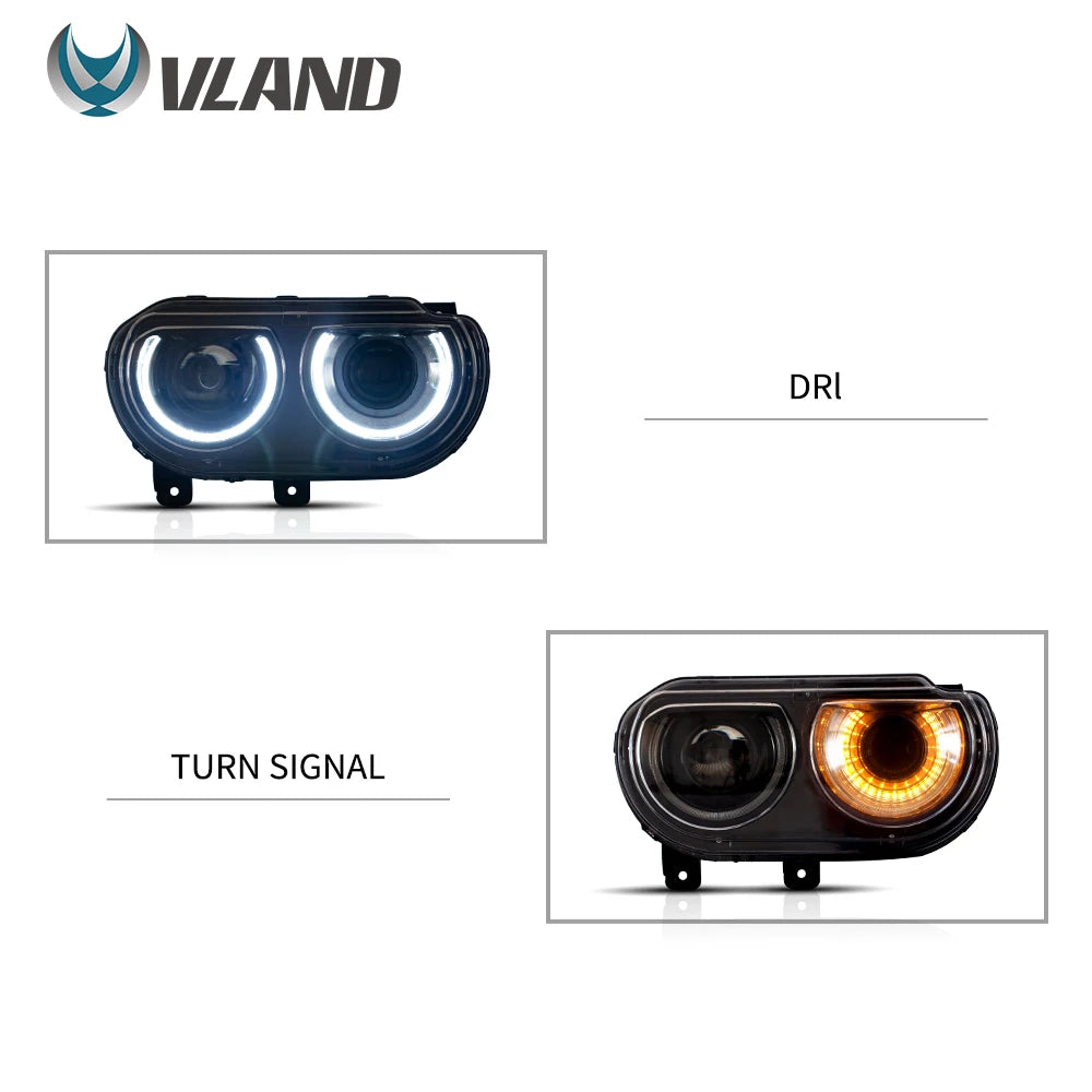 VLAND Car Headlights Assembly For Dodge Challenger 2008-2014 Head Light Moving Turn Signal Light DRL Dual Beam Lens Colourful sayaragear