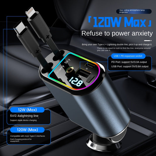 New C9 Starry Sky Fast Charging 120W Retractable Car Charger with 4-in-1 Multi-functional Digital Display eprolo
