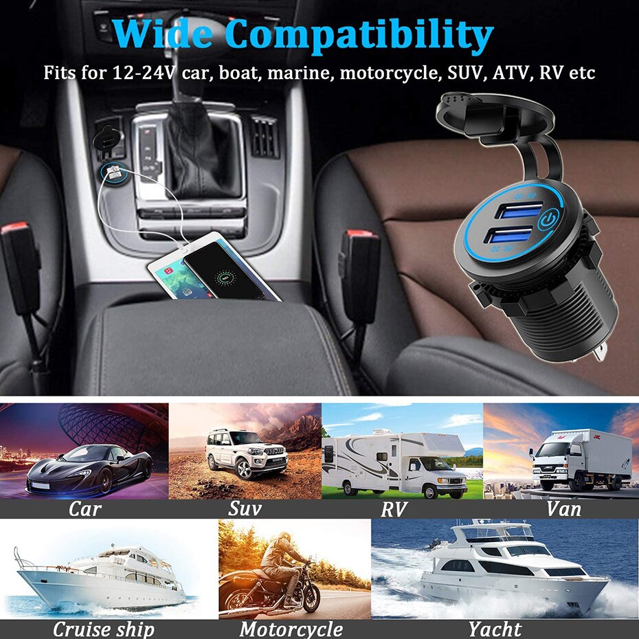 36W QC 3.0 Touch Switch Waterproof Universal Motorcycle Car Truck Boat Dual USB Charger Socket For Phone Tablet Camera GPS DVR eprolo