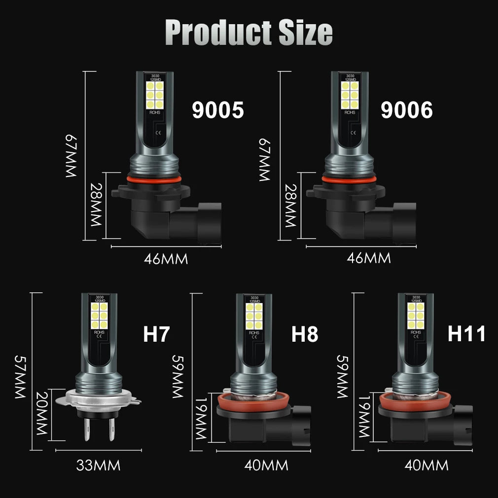 2Pcs H8 H11 LED Bulb H16 JP 9005 HB3 9006 HB4 Led Lamp Super Bright Car Fog Lights Day Driving Running Light 12V 6000K White sayaragear