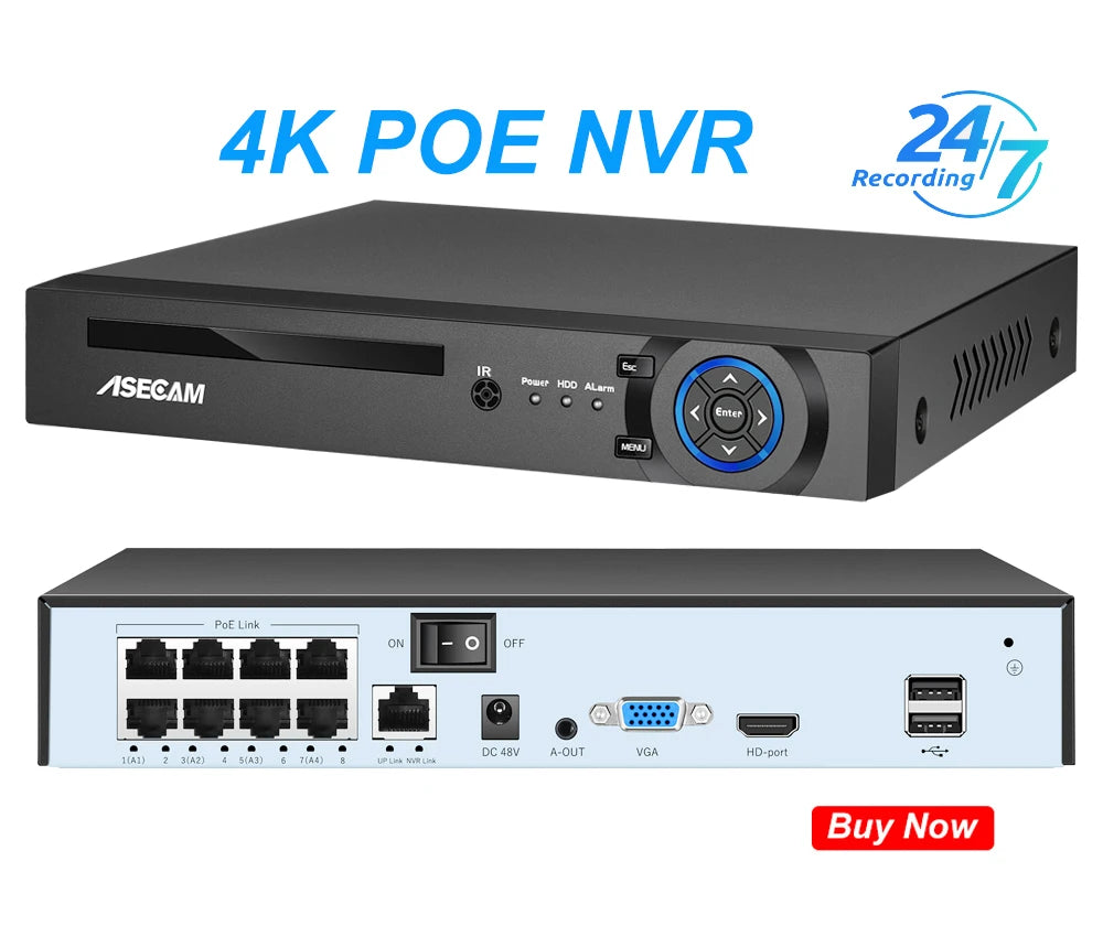 ASECAM 4K 8MP IP Camera Audio CCTV Recording Outdoor POE H.265 Onvif Metal Black 4MP Human Detection Surveillance Camera sayaragear
