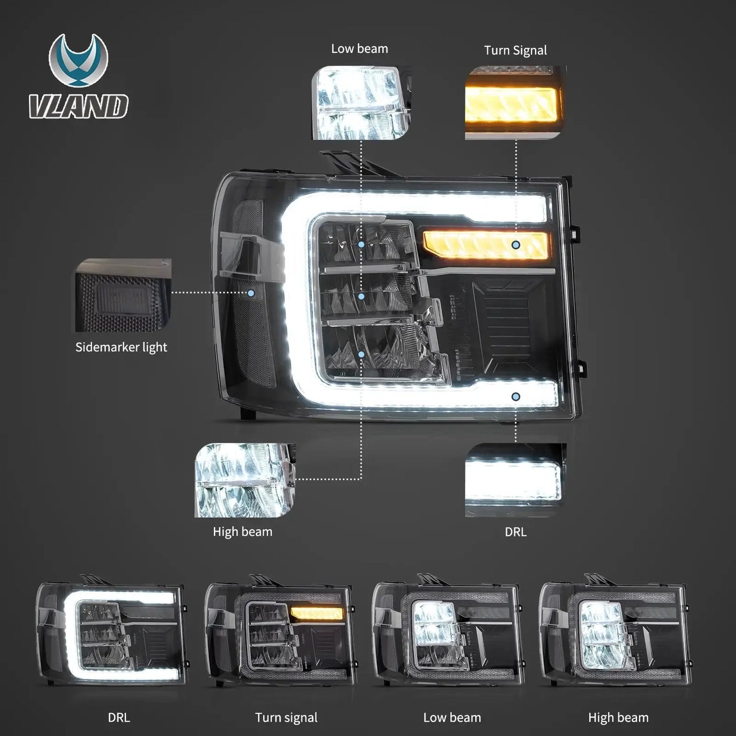 Vland 07-13 Sierra 2nd Gen LED Reflection Bowl Headlights Chrome with DRL High Low Beam Front Headlamp Assembly sayaragear