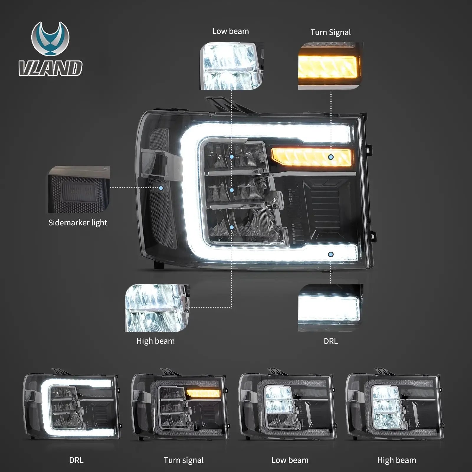 Vland 07-13 Sierra 2nd Gen LED Reflection Bowl Headlights Chrome with DRL High Low Beam Front Headlamp Assembly sayaragear