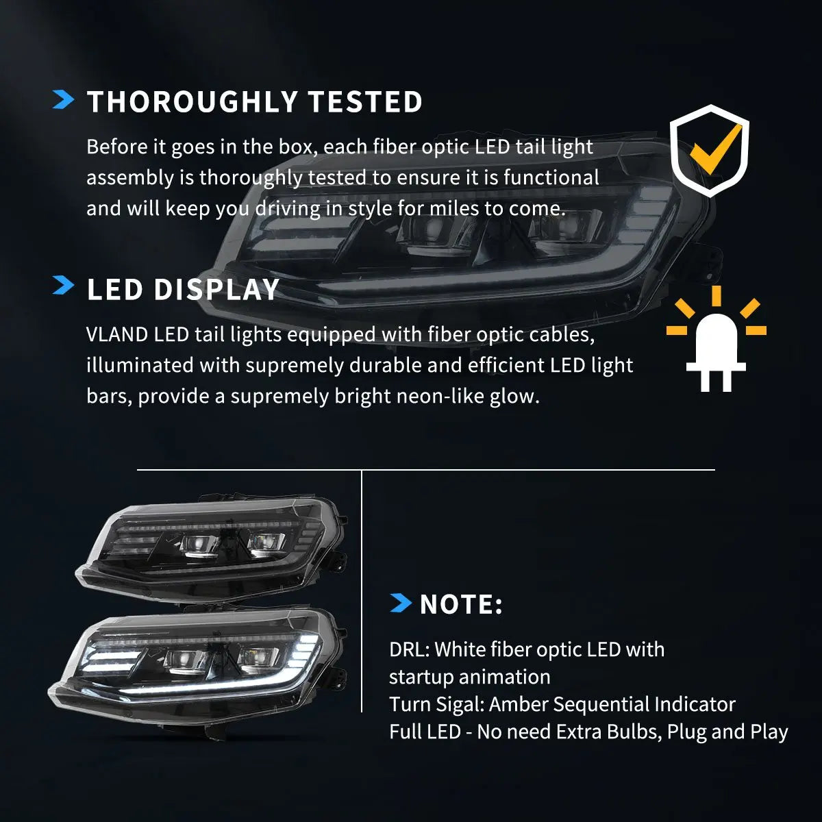VLAND 16-18 Camaro & 19-24 Camaro ZL1 Black LED Dual Beam Projector Headlights W/ Start-up Animation sayaragear