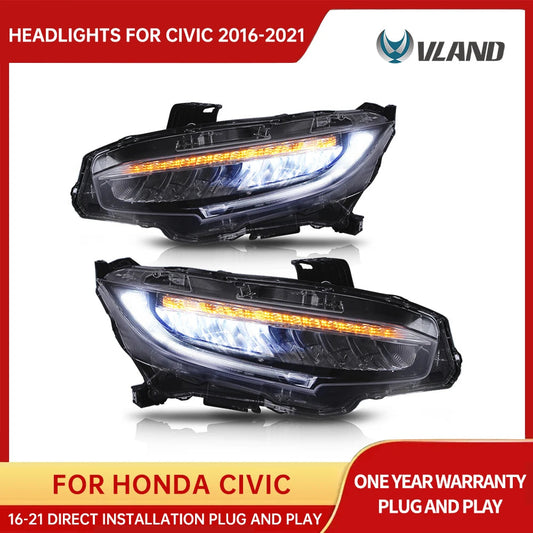 Vland factory car accessories for Car full LED lights for Civic headlight 2016-2018 with white DRL and yellow moving turn signal sayaragear