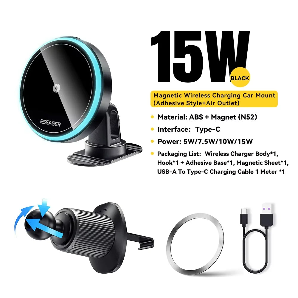 Essager 15W Magnetic Wireless Car Phone Holder Adjustable 360 degrees Car Charger For iPhone15 14 13 Pro Samsung Universal Phone sayaragear