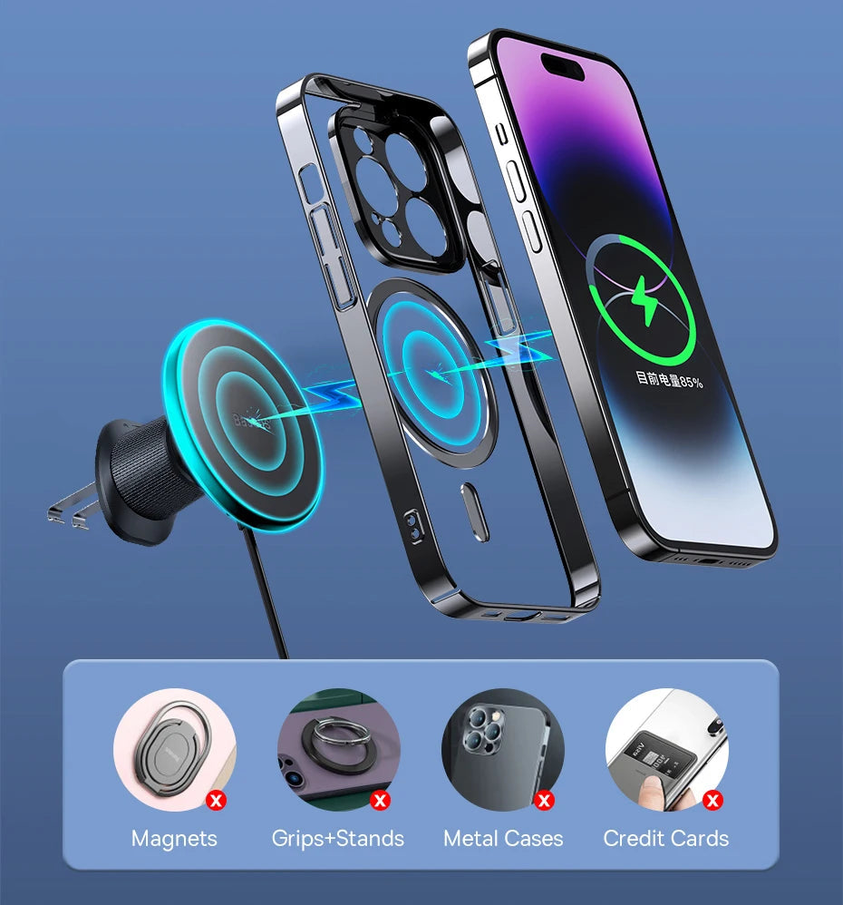 Baseus Magnetic Wireless Charger Car Phone Holder 15W Fast Charging Wireless Car Charger Holder For iPhone 16 15 14 13 Car Mount sayaragear