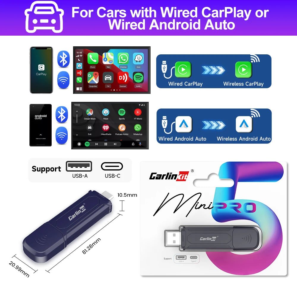 CarlinKit Mini 5 Pro Wireless CarPlay Adapter USB Dongle Wired to Wireless Android Auto 5Ghz WiFi Fast Connect Split Screen OTA sayaragear