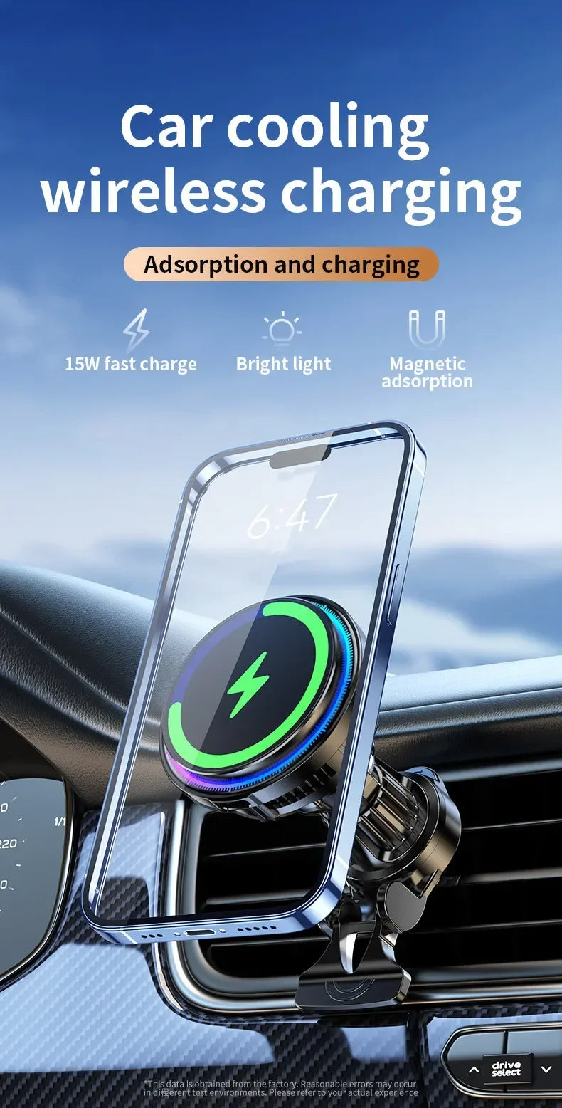 ice Cooling Magnetic Wireless Car Charger Stand for iPhone 16 15 14 13 12 Pro Max MacSafe Car Phone Holder Fast Charging Station sayaragear