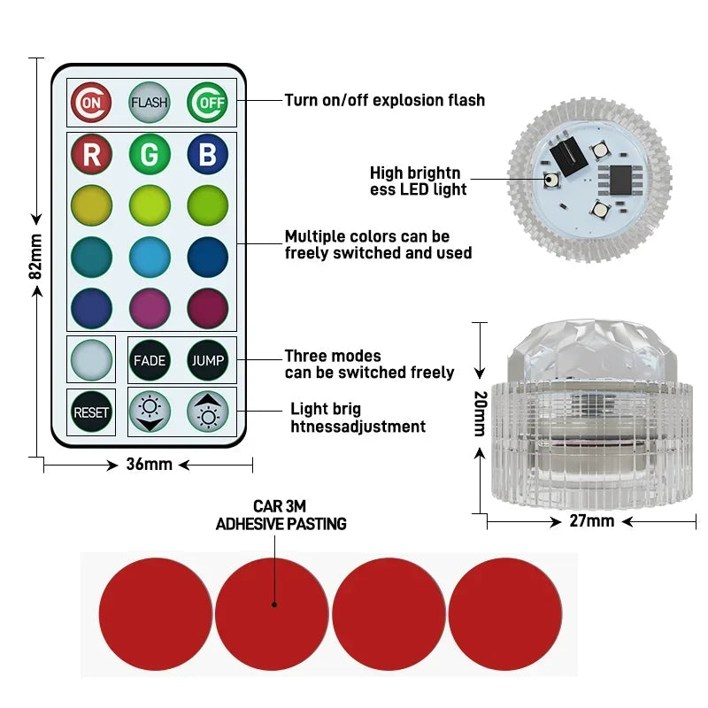Wireless Adhesive LED Car Interior Ambient Light Remote Control Decor Auto Roof Foot Atmosphere Lamp Bicycle Tail Light sayaragear