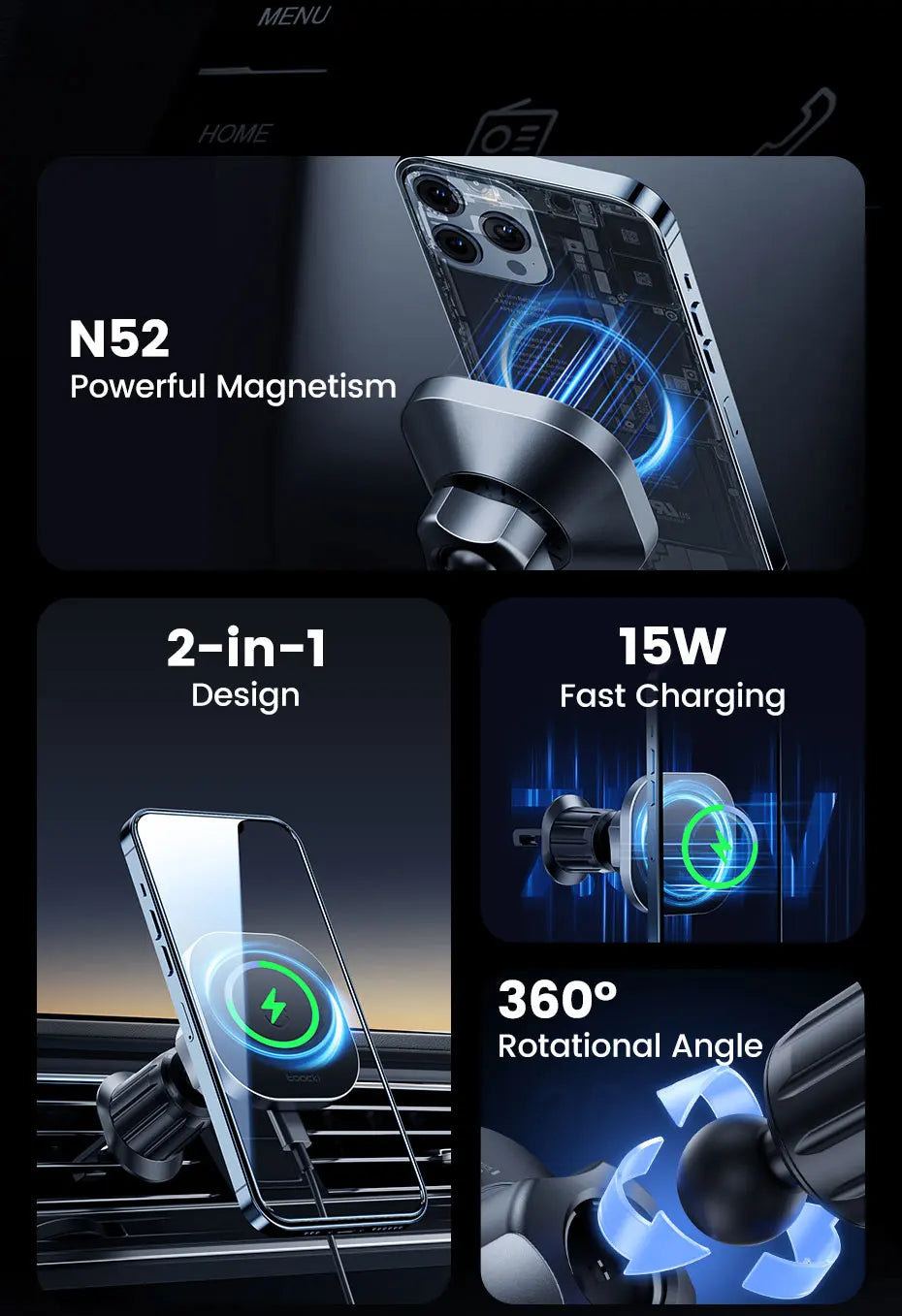 Toocki Magnetic Car Wireless Charger Car Phone Holder Air Outlet 15W Fast Charging Charger in Car For iPhone 15 14 13 12 Pro Max sayaragear
