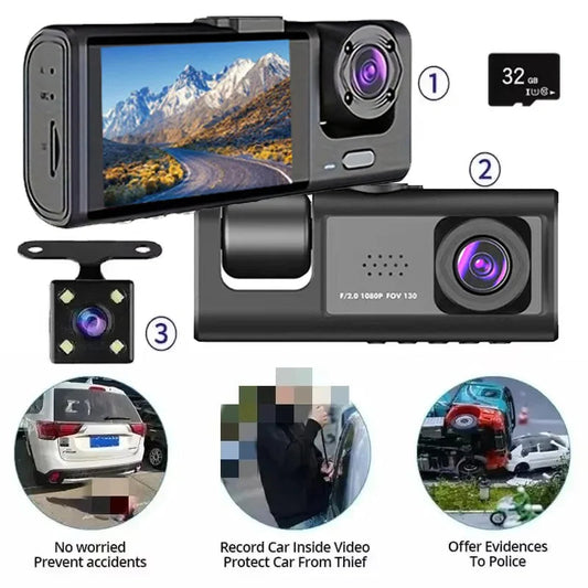 Dash Cam W/ IR Night Vision Loop Recording & 2" IPS Screen 1080P 3 Camera ， DVR recorder, video recorder, Vehicle DVR sayaragear