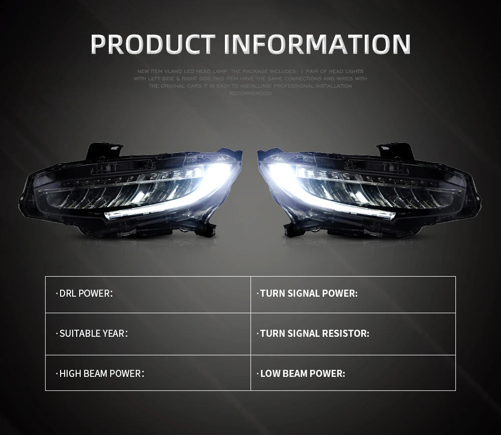 Vland factory car accessories for Car full LED lights for Civic headlight 2016-2018 with white DRL and yellow moving turn signal sayaragear