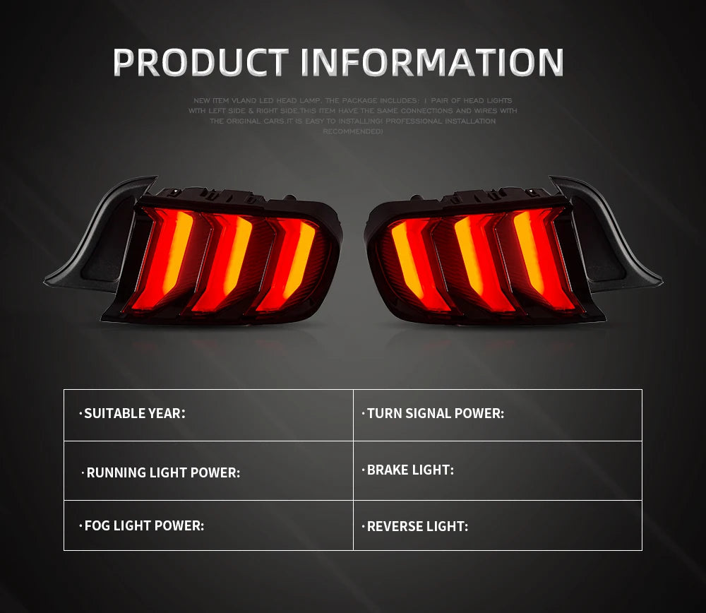 VLAND Tail lamp assembly for Ford Mustang 2015-2020 Tail light with Sequential Turn Signal Reverse Lights Plug and Play sayaragear