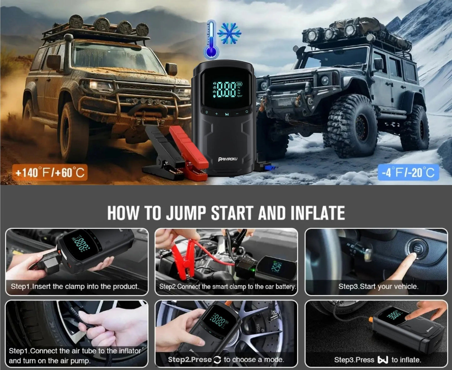 Car Jump Starter with Air Compressor Peak 5000A Auto Battery Booster 150PSI Air Pump Portable Power Bank Tire Inflator Lighting sayaragear