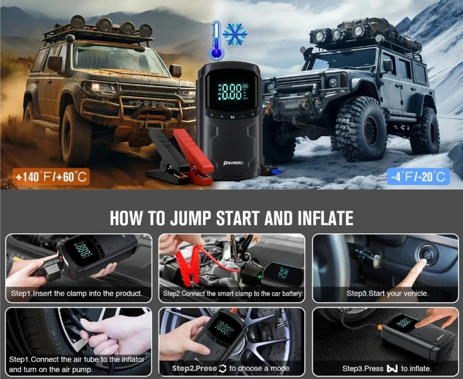 Car Jump Starter with Air Compressor Peak 5000A Auto Battery Booster 150PSI Air Pump Portable Power Bank Tire Inflator Lighting sayaragear