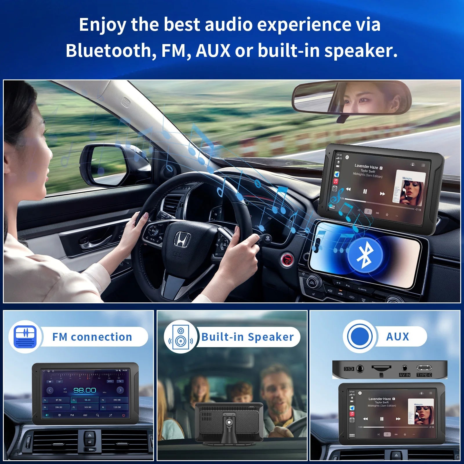 Pionray Portable CarPlay 7'' Smart Touchscreen with Car Stereo, Wireless Android Auto/Mirror Link/ AUX Connection/FM/GPS sayaragear