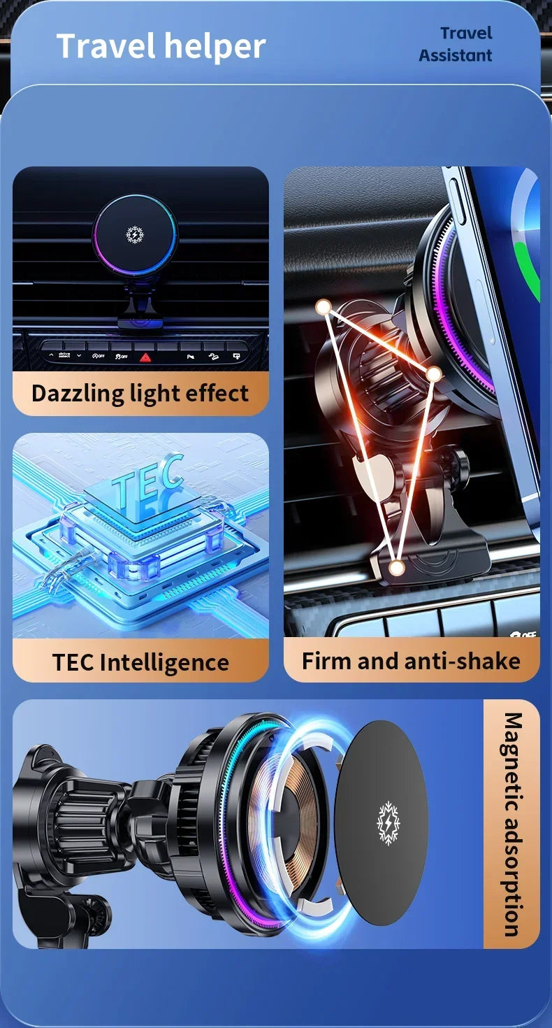 ice Cooling Magnetic Wireless Car Charger Stand for iPhone 16 15 14 13 12 Pro Max MacSafe Car Phone Holder Fast Charging Station sayaragear