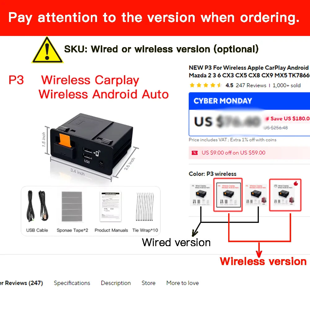 NEW P3 For Wireless Apple CarPlay Android Auto Adapter USB Hub OEM for Retrofit Mazda 2 3 6 CX3 CX5 CX8 CX9 MX5 TK78669U0C Kit sayaragear