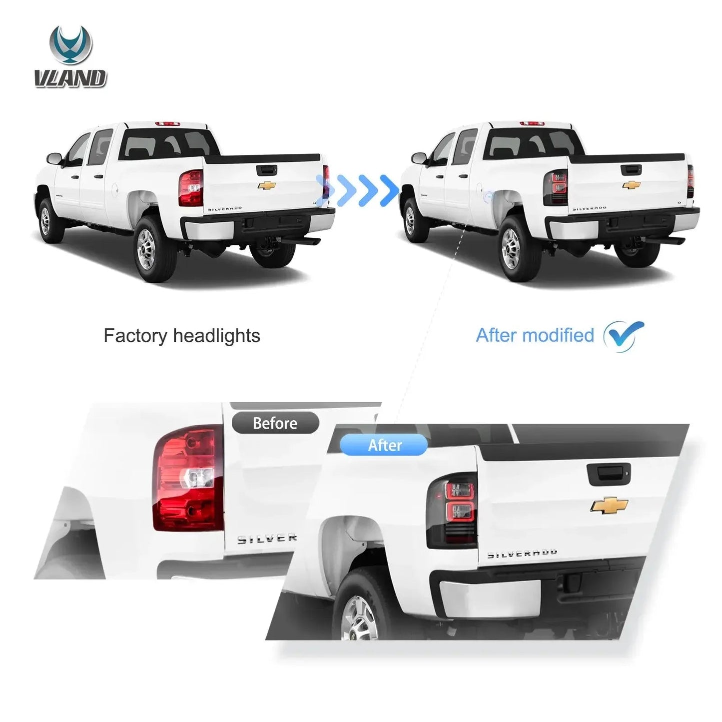 Vland 07-13 Silverado 1500 2500HD 3500HD 07-10 GMC Sierra 1500 2500HD 3500HD Dually LED II Tail Lights With Red Turn Signal Clea sayaragear