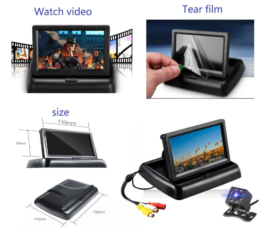 E-ACE 4.3" Car Rear View Camera Monitor Folding Easy Installation Car Parking System Camera Automotive Electronic Accessories sayaragear