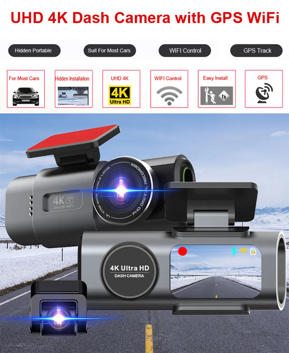 Dash Cam 4K UHD Recording Car Camera DVR Night Vision Video Recorder Built-In Wi-Fi Support GPS 24H Parking sayaragear