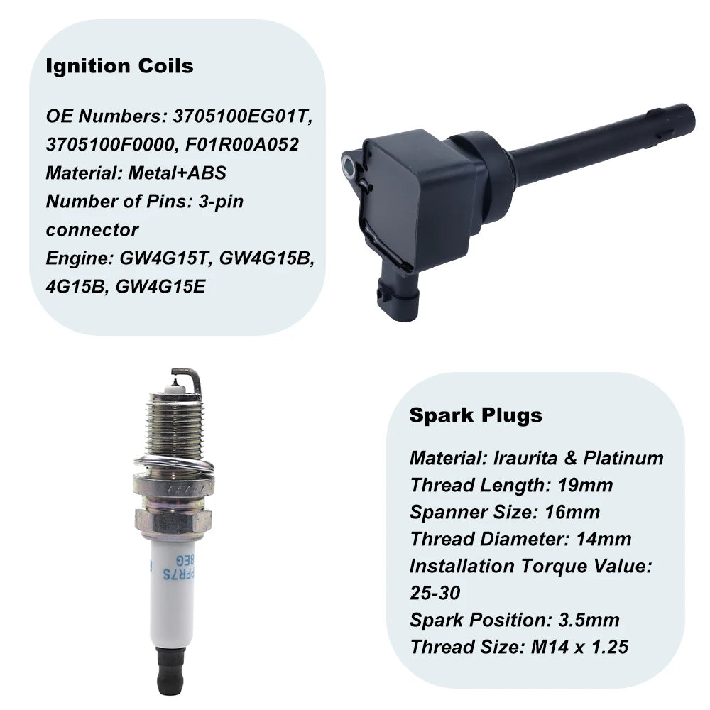 Ignition Coils + Spark Plugs Kit For HAVAL H6 1.5 2013- H2 H2S GREAT WALL C50  HOVER H6 F01R00A052 3705100-EG01T 3705100-F0000 sayaragear