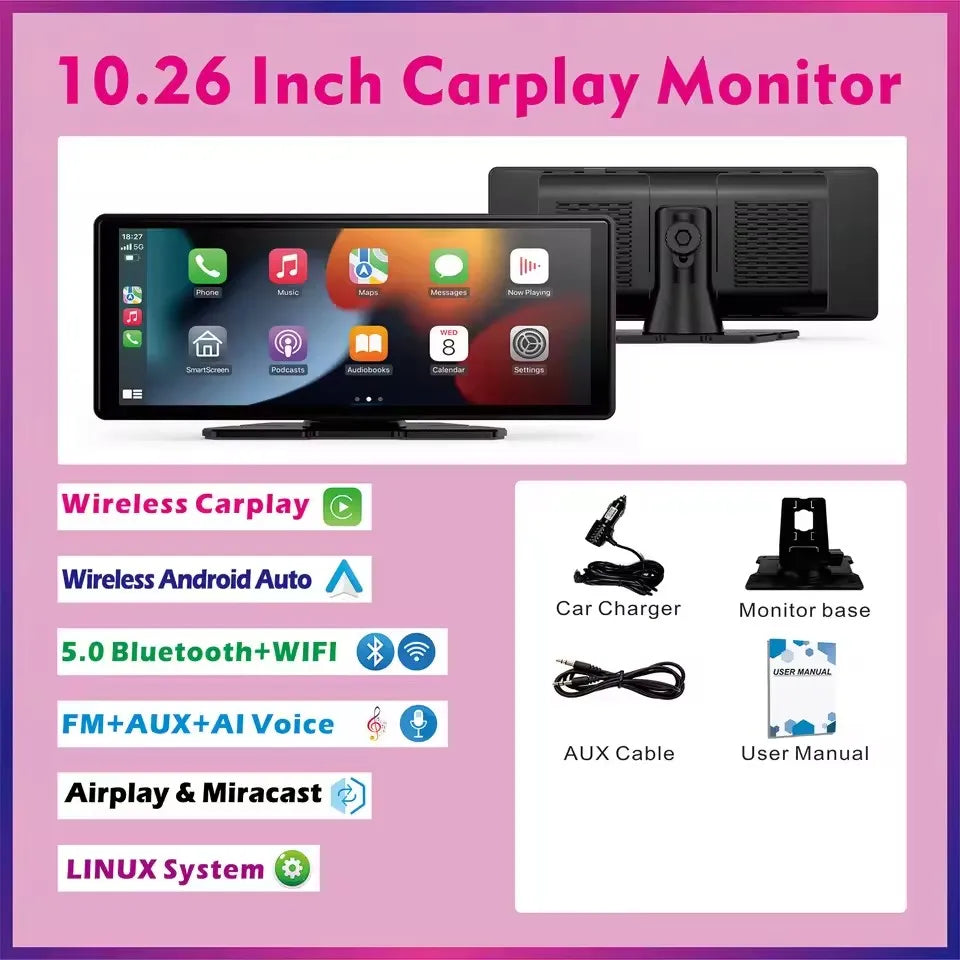 Universal Portable Wireless Carplay Screen for Car with Android Auto Touchscreen Car Stereo System sayaragear