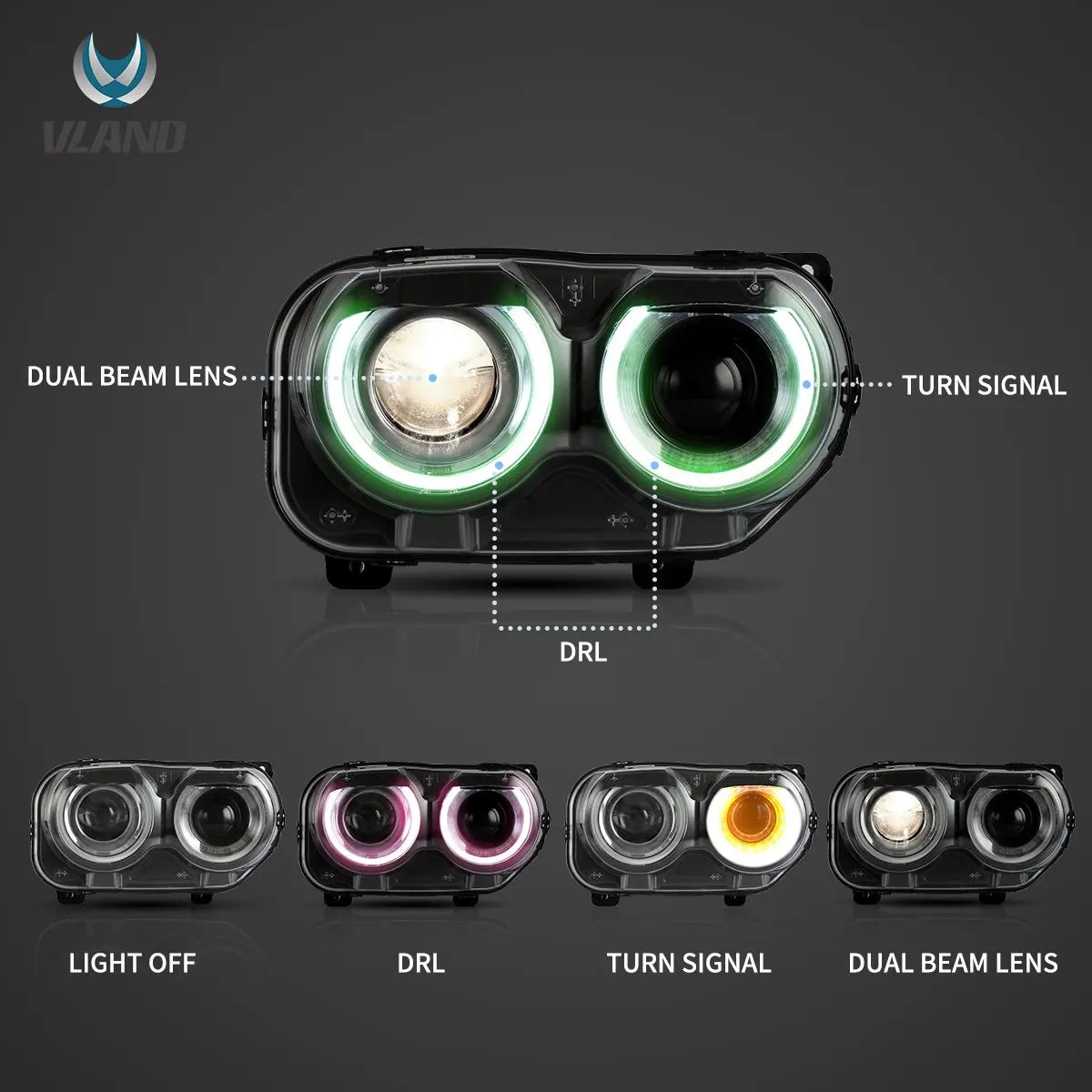 Vland 2015–2024 Challenger 3th Gen Facelifted RGB Dual Beam Projector Headlights Black sayaragear
