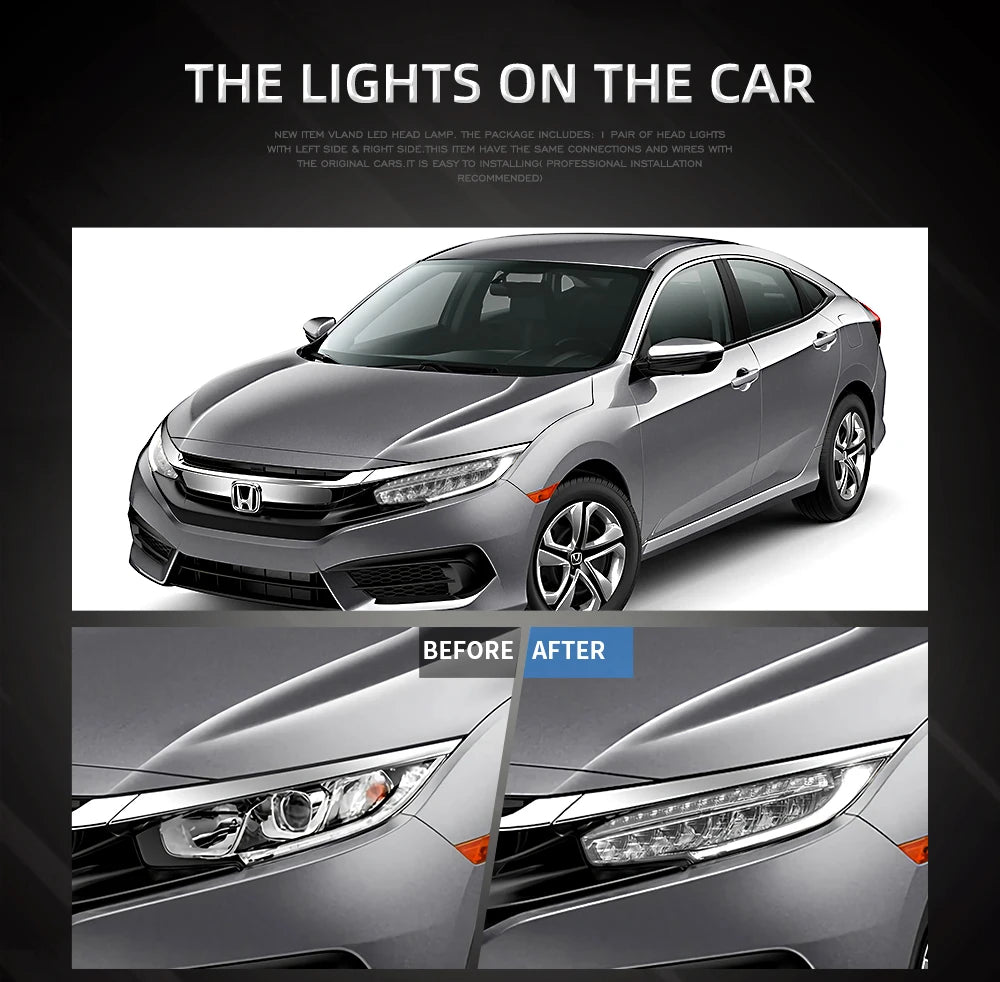 Vland factory car accessories for Car full LED lights for Civic headlight 2016-2018 with white DRL and yellow moving turn signal sayaragear