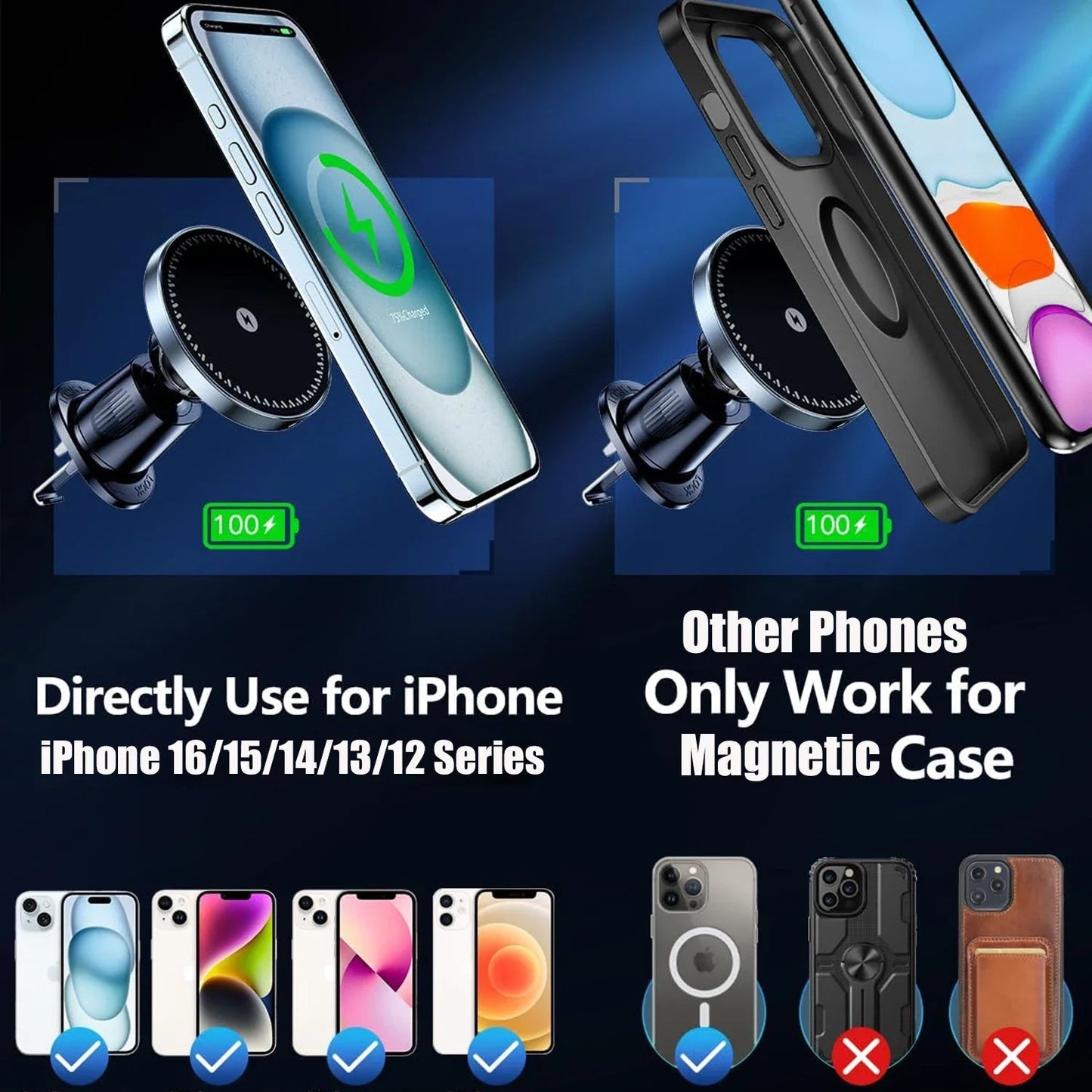 UYUXIO Strong Magnetic Wireless Car Phone Charger Adapter 15W Air Vent Car Phone Holder for iPhone 16 15 14 13 Pro Max Plus 12 sayaragear