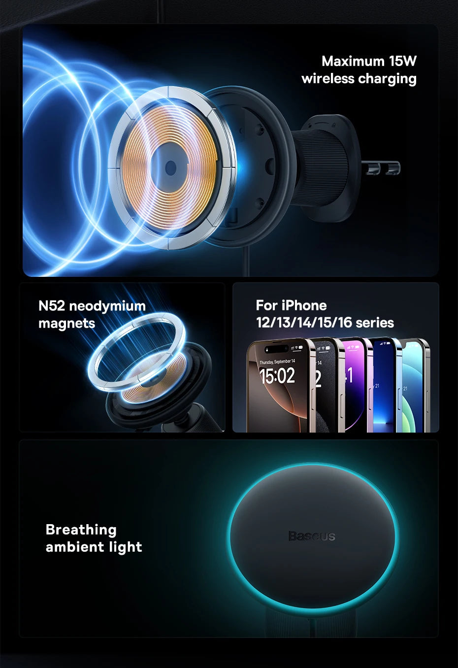 Baseus Magnetic Wireless Charger Car Phone Holder 15W Fast Charging Wireless Car Charger Holder For iPhone 16 15 14 13 Car Mount sayaragear