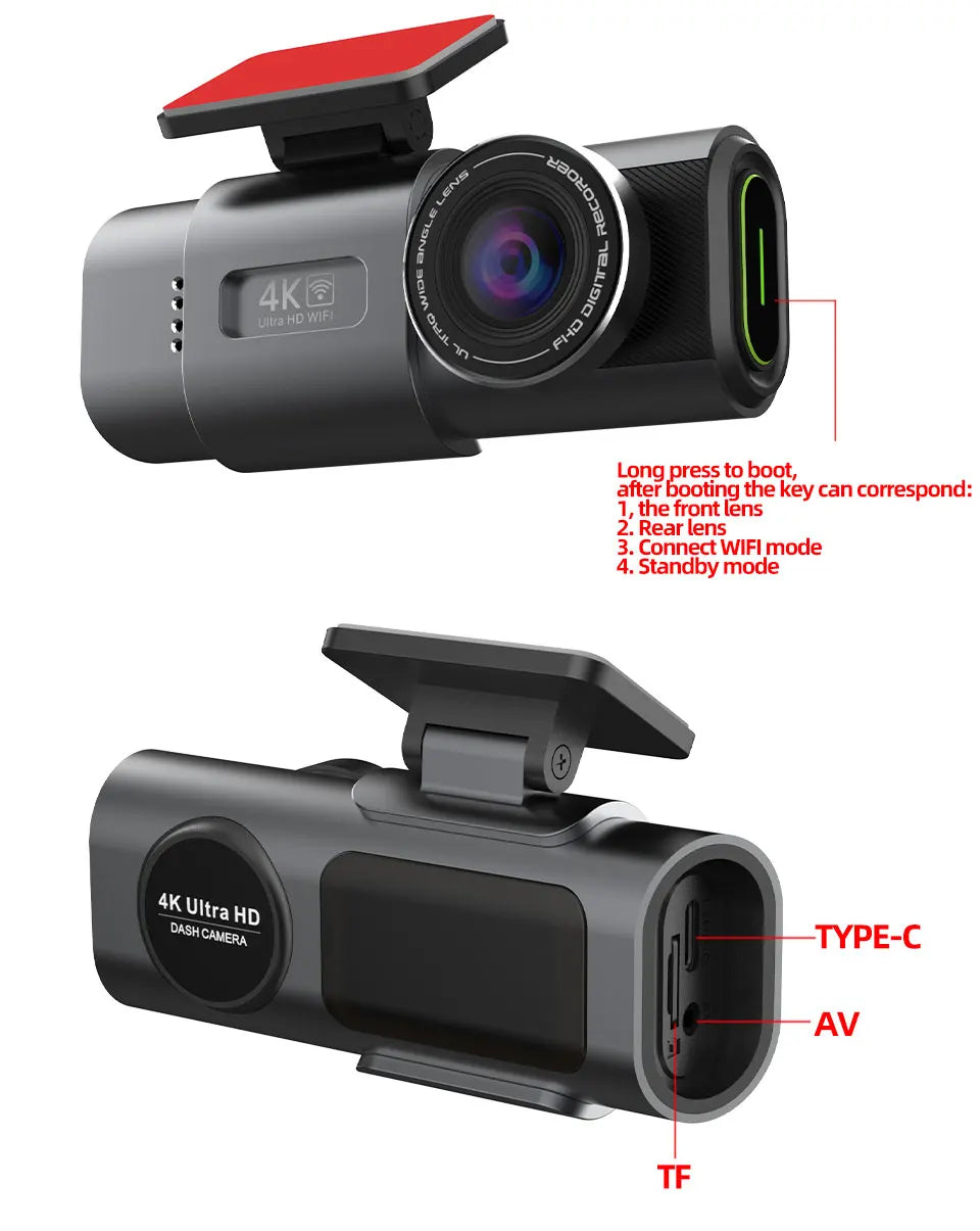 Dash Cam 4K UHD Recording Car Camera DVR Night Vision Video Recorder Built-In Wi-Fi Support GPS 24H Parking sayaragear